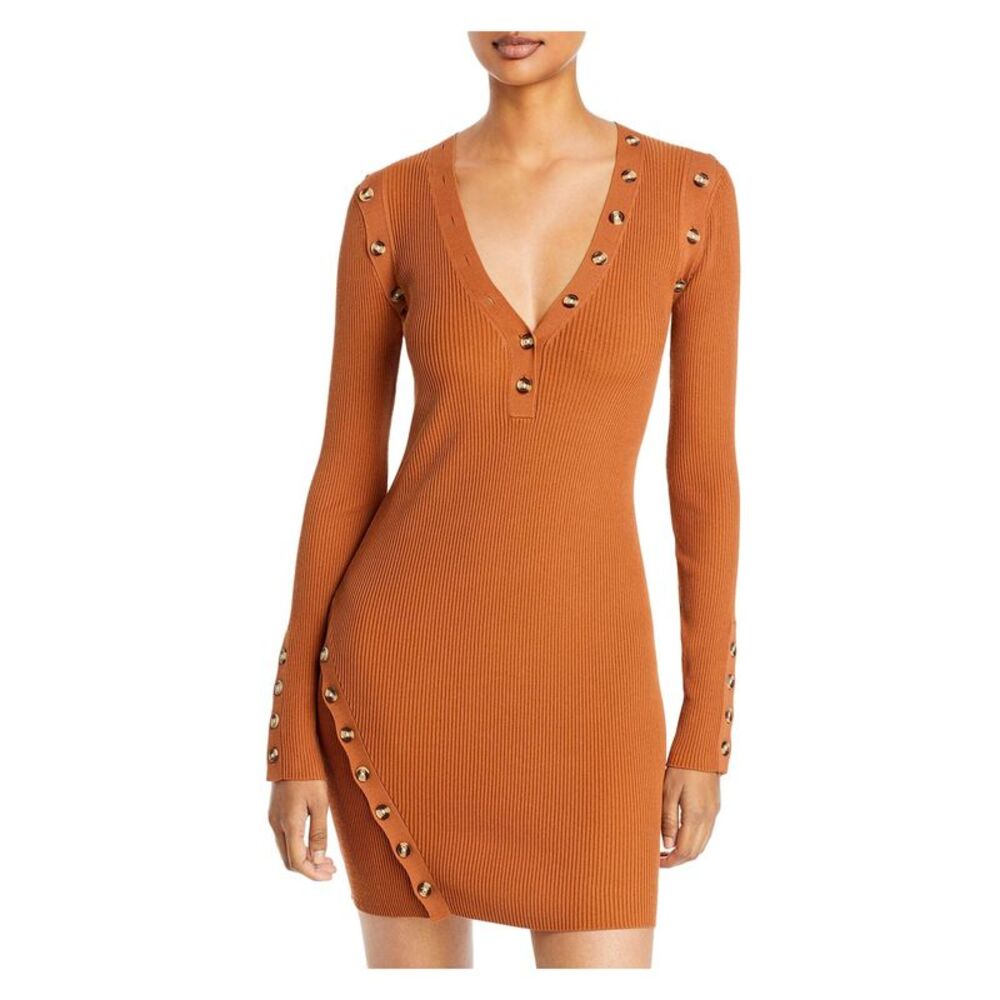 NICHOLAS Womens Brown Knit Button Long Sleeve V Neck Short Body Con Dress XS